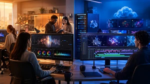 Split video editing workspace comparing cost-focused tools and motion graphics workflows