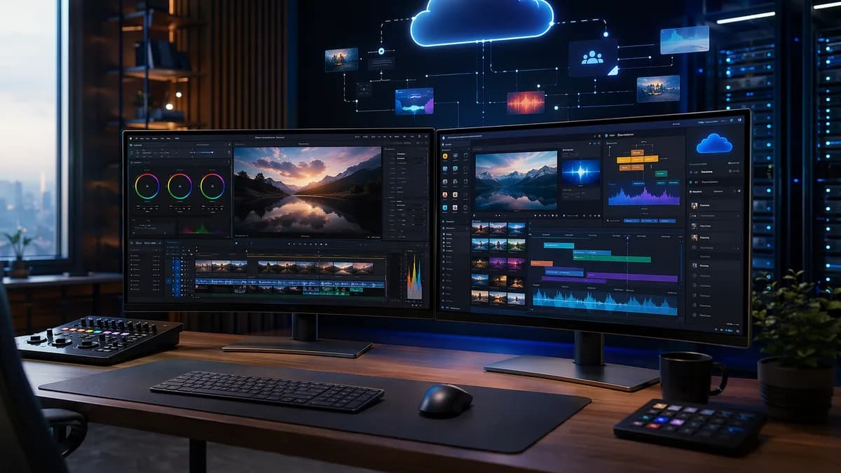 Split-view video editing workstation showing color grading and cloud collaboration workflows