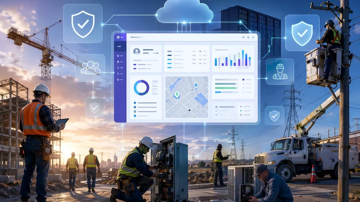 SaaS payroll dashboard connecting field service crews with cloud compliance and insurance tools