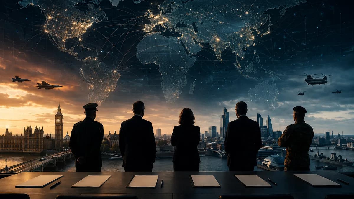 UK defence funding dilemma shown through officials, Westminster, blank papers and global map connections.