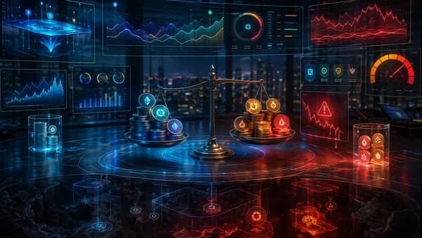 Futuristic DeFi lending desk with collateral, liquidity, yield, and liquidation risk visuals.