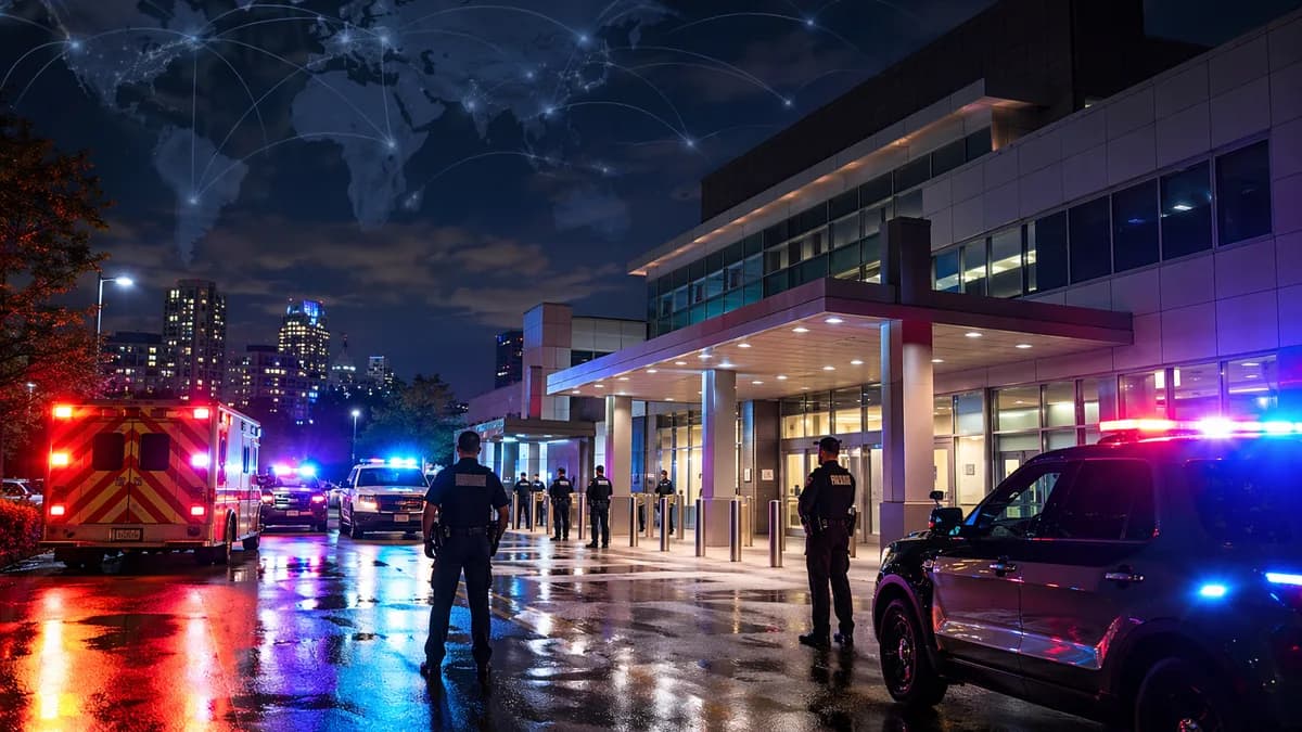 Police and emergency vehicles outside a hospital at night with subtle global map overlay