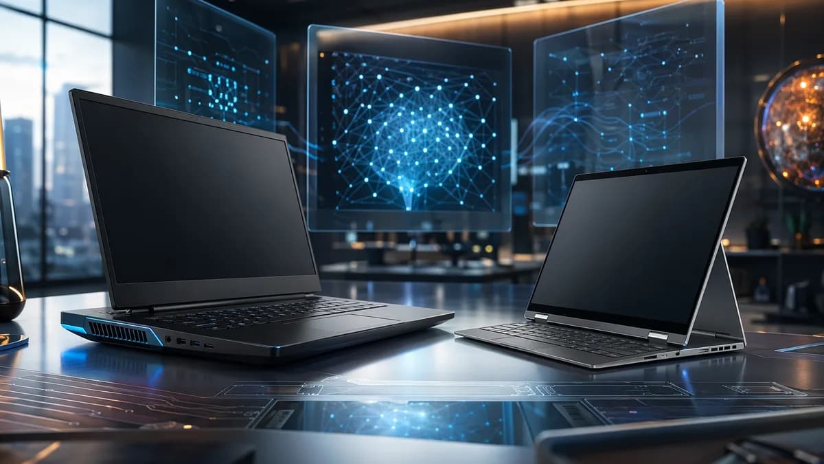 Two unbranded laptops compared in a futuristic tech workspace with AI network visuals and cinematic lighting