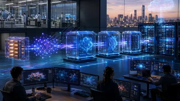 Futuristic AI deployment workspace with neural networks, containers, screens, and server infrastructure.