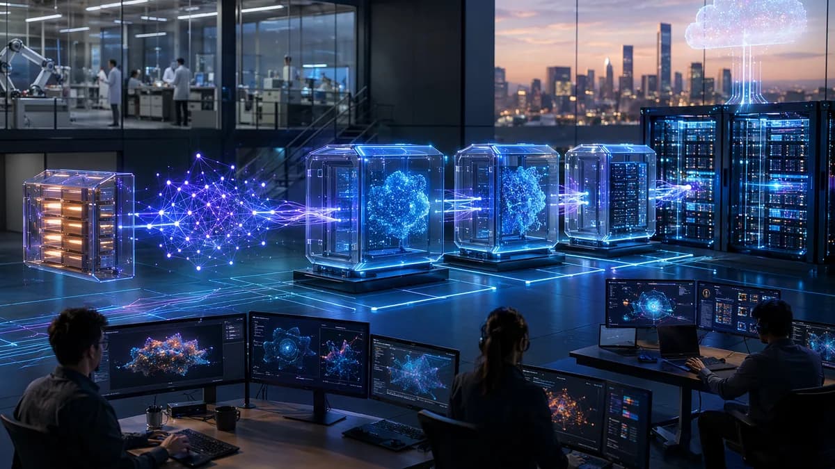 Futuristic AI deployment workspace with neural networks, containers, screens, and server infrastructure.
