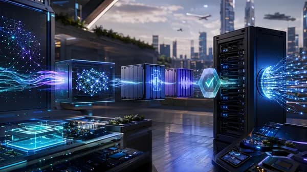Lean AI inference service visualized with servers, data streams, modular containers, and neural network circuits.