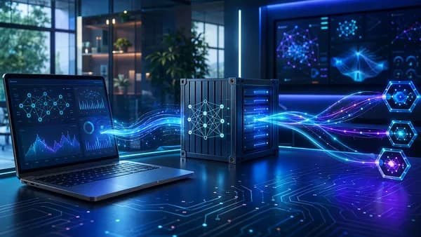 Futuristic workspace showing a lean AI model pipeline turning into API connections.