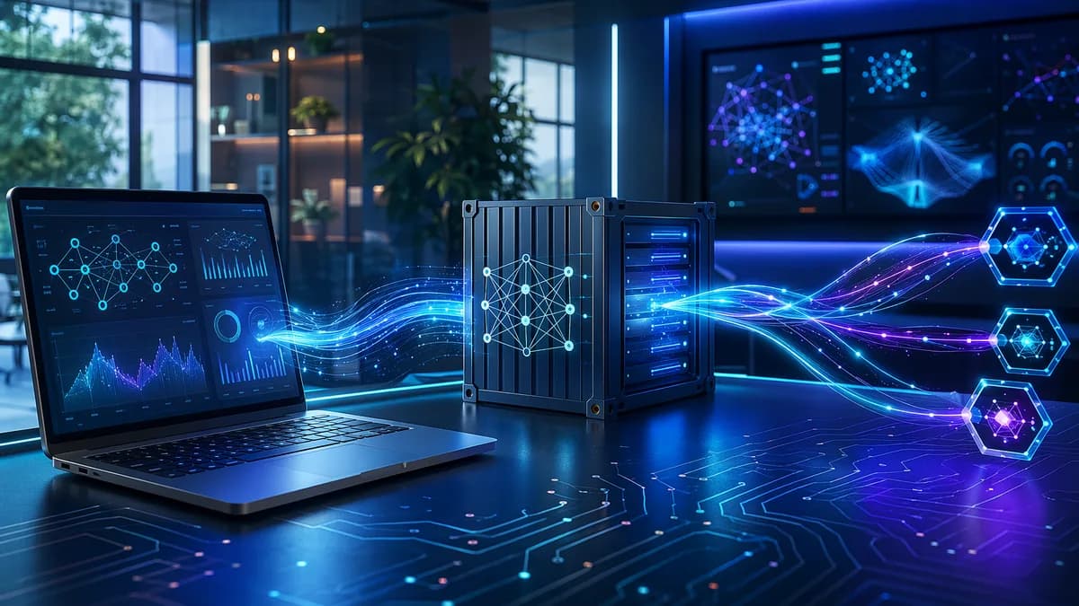 Futuristic workspace showing a lean AI model pipeline turning into API connections.