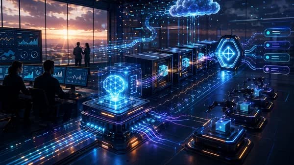 Photorealistic tech workspace showing an AI model deployment pipeline with containers, cloud nodes, and automation.