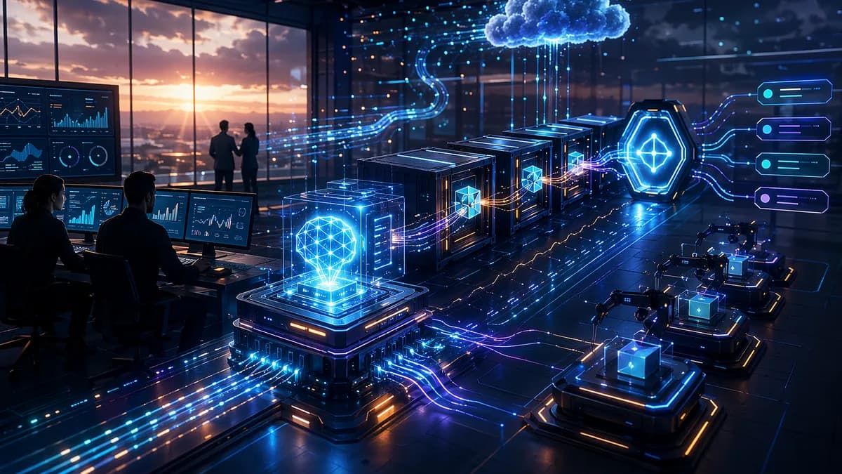 Photorealistic tech workspace showing an AI model deployment pipeline with containers, cloud nodes, and automation.