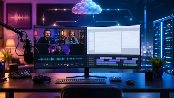 Editorial image of podcast recording and editing SaaS workflows in a modern cloud dashboard.