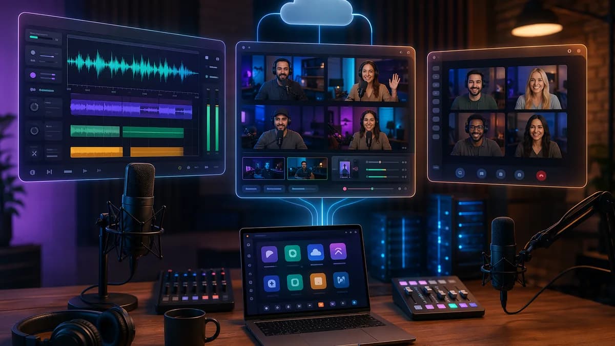 Podcast SaaS comparison with editing, recording, livestreaming, and guest connection dashboards