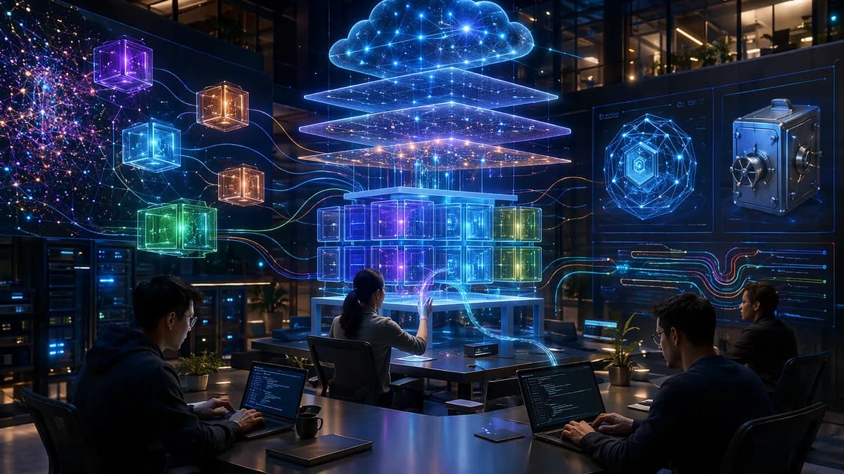 Futuristic workspace showing containerized development environments replacing chaotic setup workflows