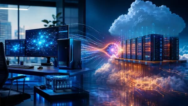 Futuristic developer workspace comparing local containers and cloud coding environments