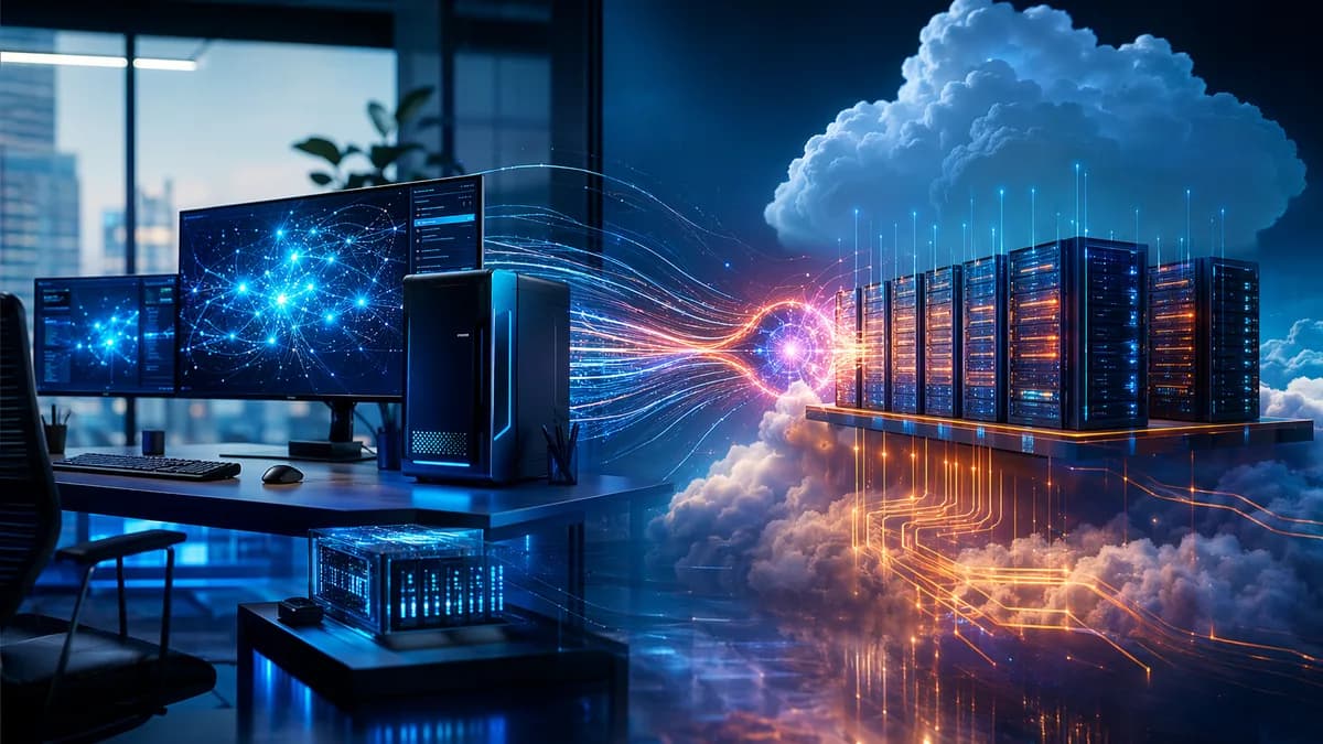 Futuristic developer workspace comparing local containers and cloud coding environments