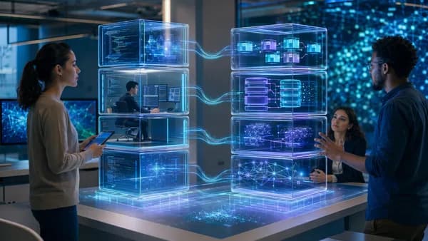 Futuristic tech workspace showing modular containers and service blocks connected into one development platform.