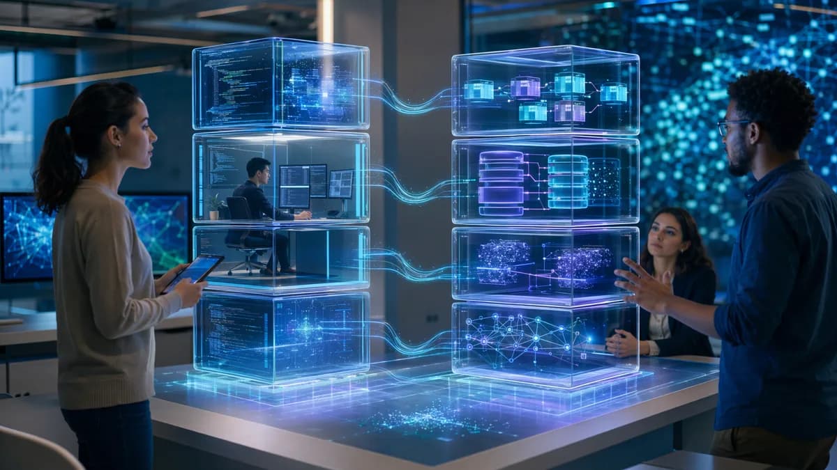 Futuristic tech workspace showing modular containers and service blocks connected into one development platform.