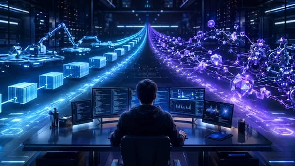 Developer faces split paths: simple CI workflow versus complex configurable tech network.