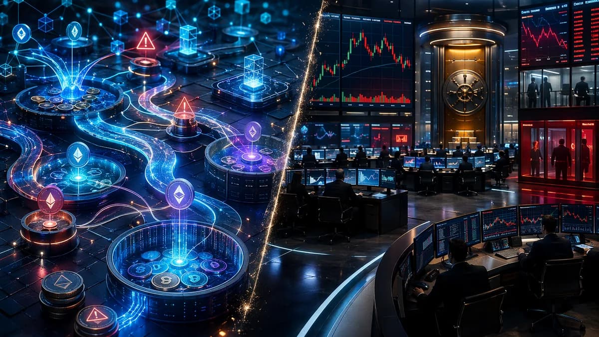 Split-view crypto trading scene showing DEX routing versus centralized exchange market screens.