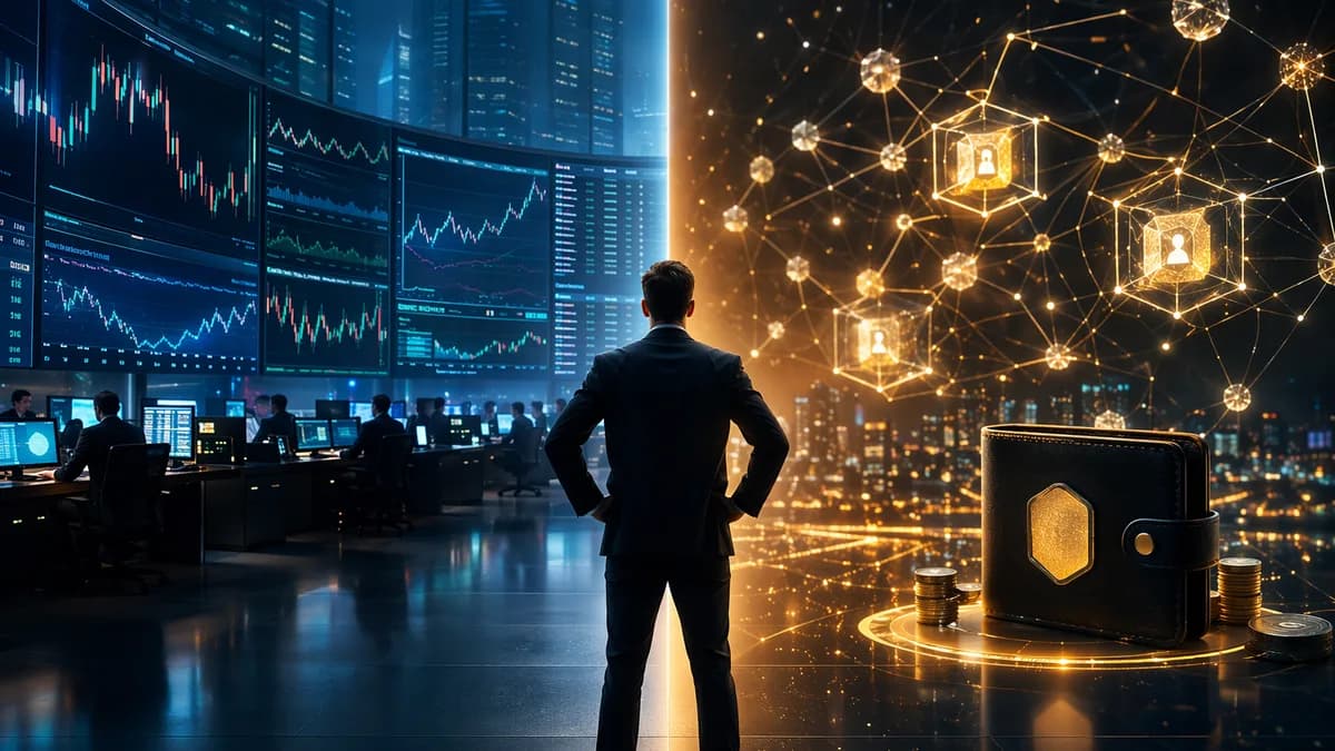 Split crypto trading scene comparing centralized exchange liquidity with decentralized wallet control