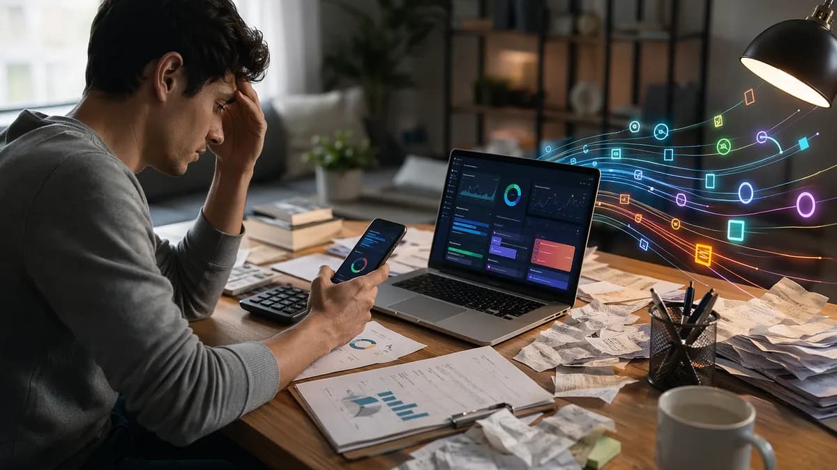 Freelancer facing digital banking and tax chaos in a modern home office