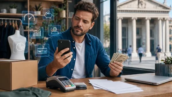 Small business owner weighing digital banking tools against cash, credit, and traditional bank support.