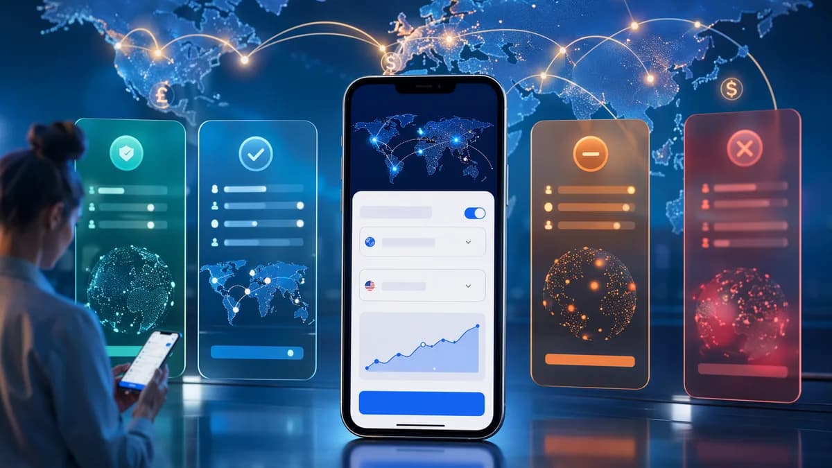 Generic fintech apps comparing international transfer fees and limits on a global digital banking map