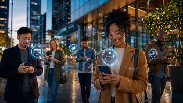 People using digital banking apps with early deposit, ATM access, and savings features in a modern fintech scene.