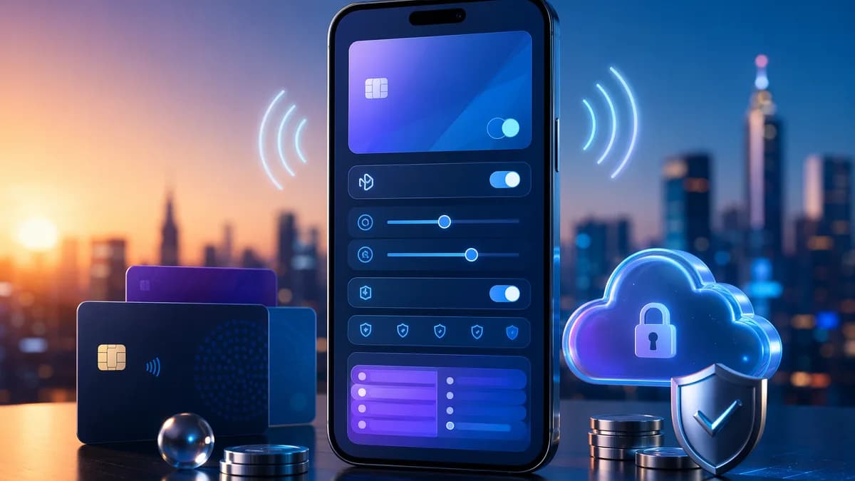 Smartphone with abstract virtual card controls, fees, limits, and privacy tools in a fintech setting.