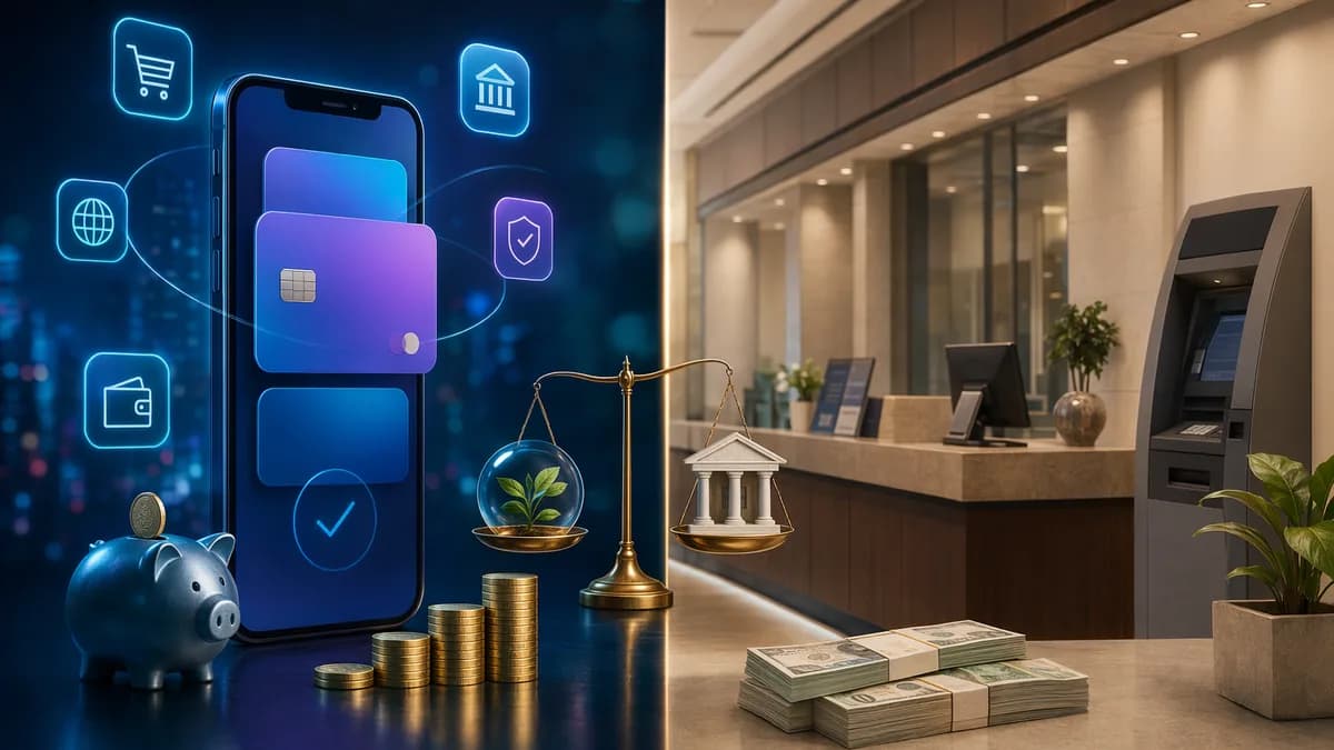 Digital banking app contrasted with traditional bank branch, highlighting savings, fees, and services.