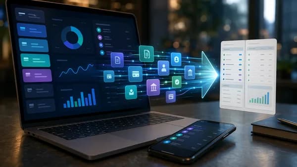 Digital banking tools organizing invoices, payouts and bookkeeping workflows on laptop and phone.