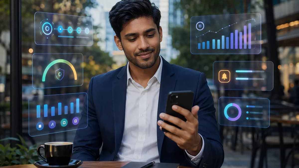 Person using a digital banking app with abstract BNPL budgeting and spending limit visuals