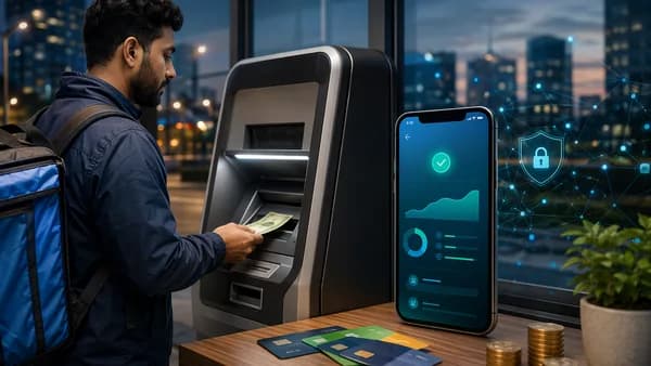 Gig worker depositing cash at a digital banking kiosk with a glowing smartphone app interface.