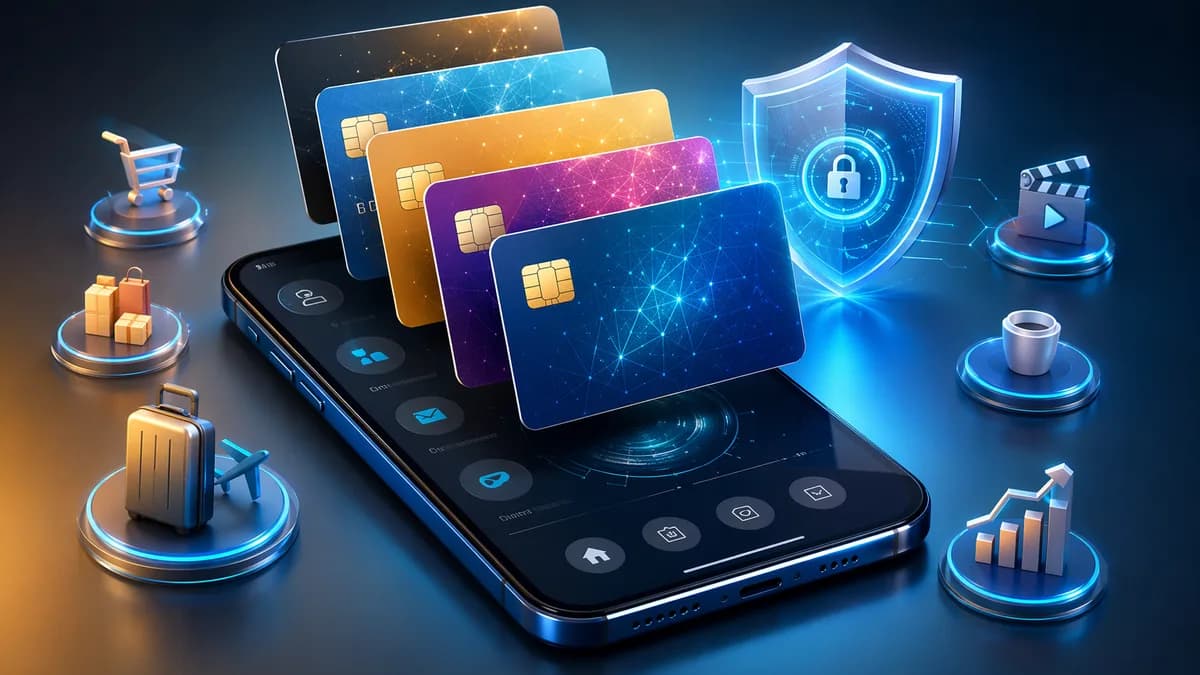 Smartphone with glowing virtual cards and security shield elements for safer online banking payments