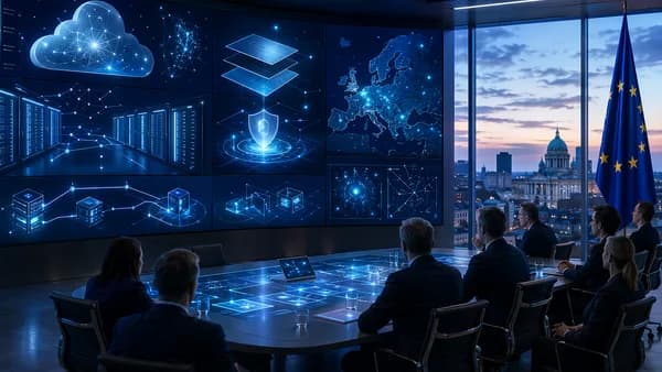 European tech boardroom visualizing sovereign cloud controls, data security, and resilience planning.