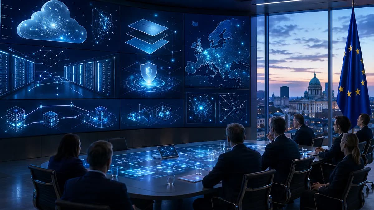 European tech boardroom visualizing sovereign cloud controls, data security, and resilience planning.