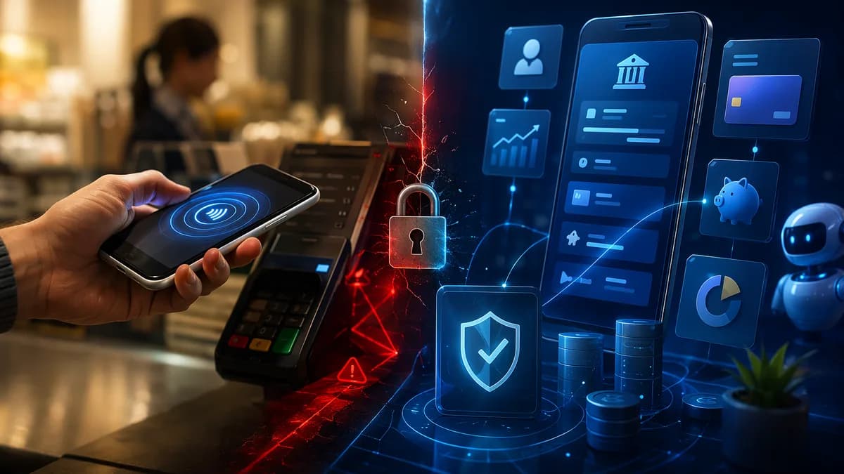 Digital wallet checkout contrasted with secure mobile banking controls on a smartphone.