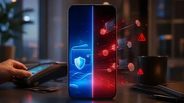 Smartphone showing abstract digital wallet and payment app risks with secure and warning visual cues.