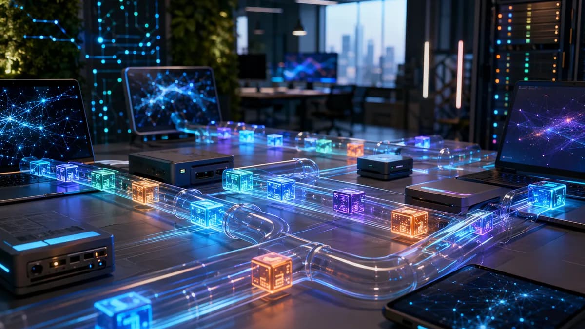 Futuristic developer workspace with glowing container modules moving through fast digital pipelines