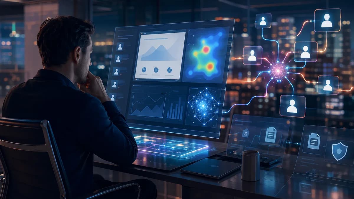 Founder reviews secure pitch deck analytics in a futuristic workspace with AI data signals.