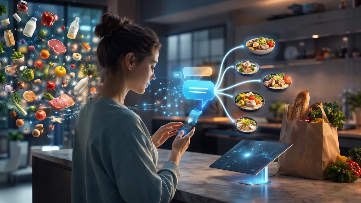 AI assistant guiding food and grocery search on a smartphone in a futuristic kitchen