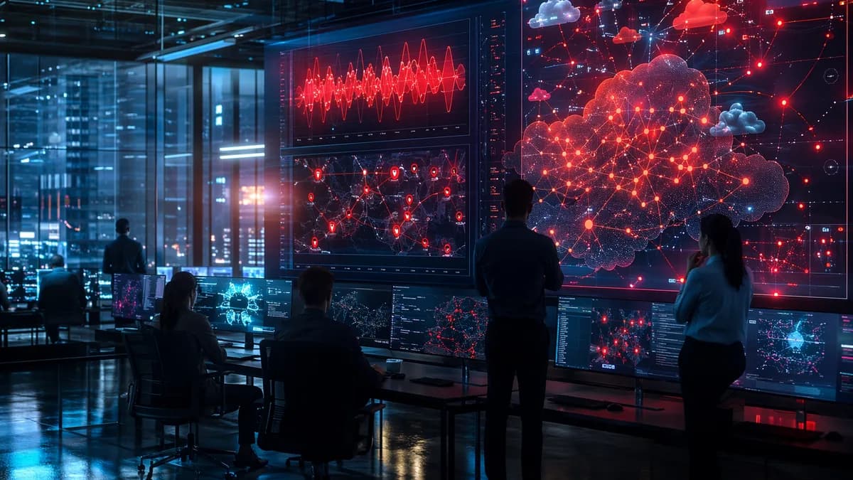 Operations center visualizing simultaneous app outages across cloud networks and service dashboards.