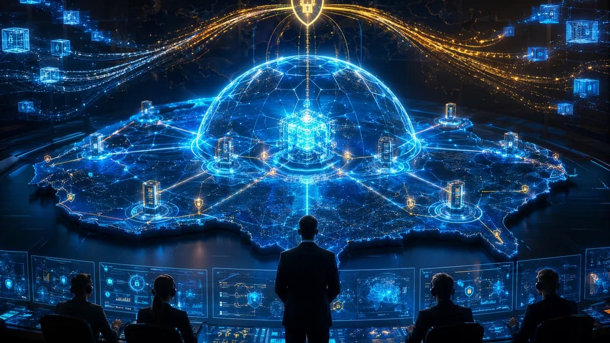 Futuristic AI defense shield protecting encrypted data networks in a dark cybersecurity command center