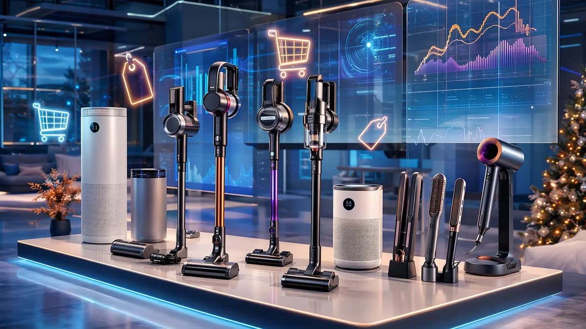 Premium home tech tools displayed in a futuristic showroom for a smart shopping deals story.