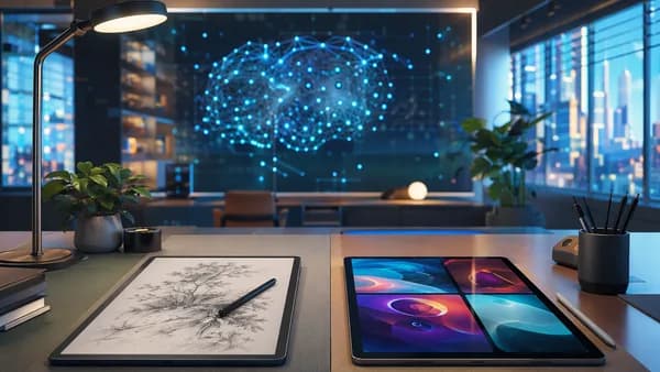 Student desk comparing matte E Ink tablet and glossy iPad-like tablet in a futuristic tech workspace