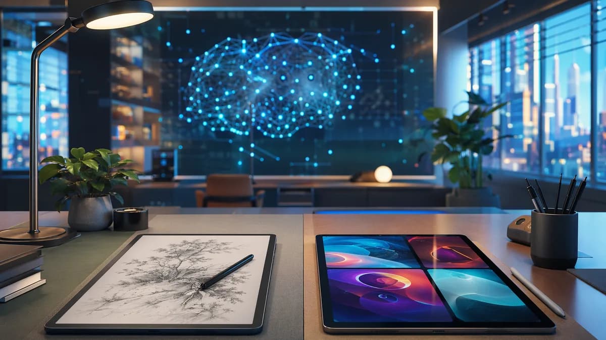 Student desk comparing matte E Ink tablet and glossy iPad-like tablet in a futuristic tech workspace