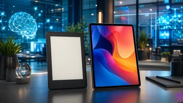 E-reader and tablet side by side in a futuristic tech workspace comparing digital reading experiences.