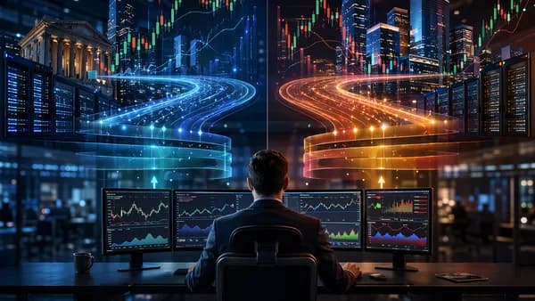 Split trading desk visual showing forex broker routing paths, spreads, and liquidity cost layers.