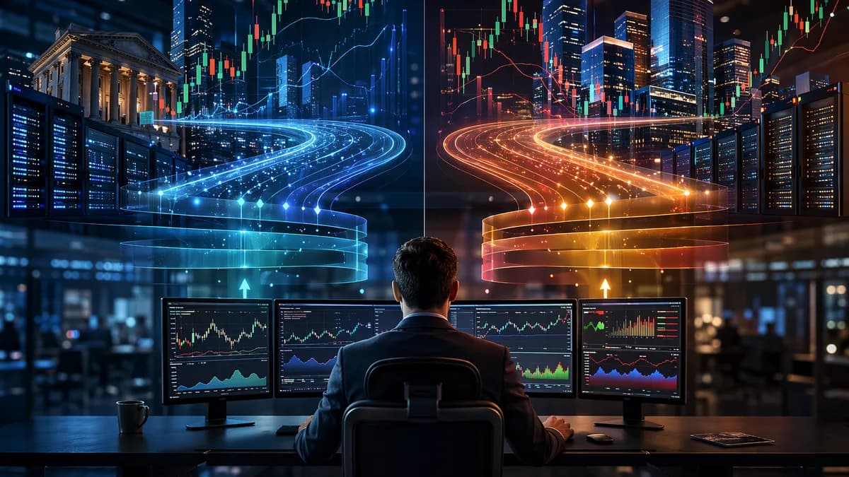Split trading desk visual showing forex broker routing paths, spreads, and liquidity cost layers.