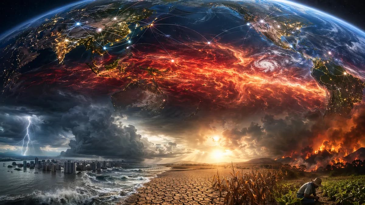Earth with El Niño heat patterns, global connections, storms, floods, drought, and crop risk